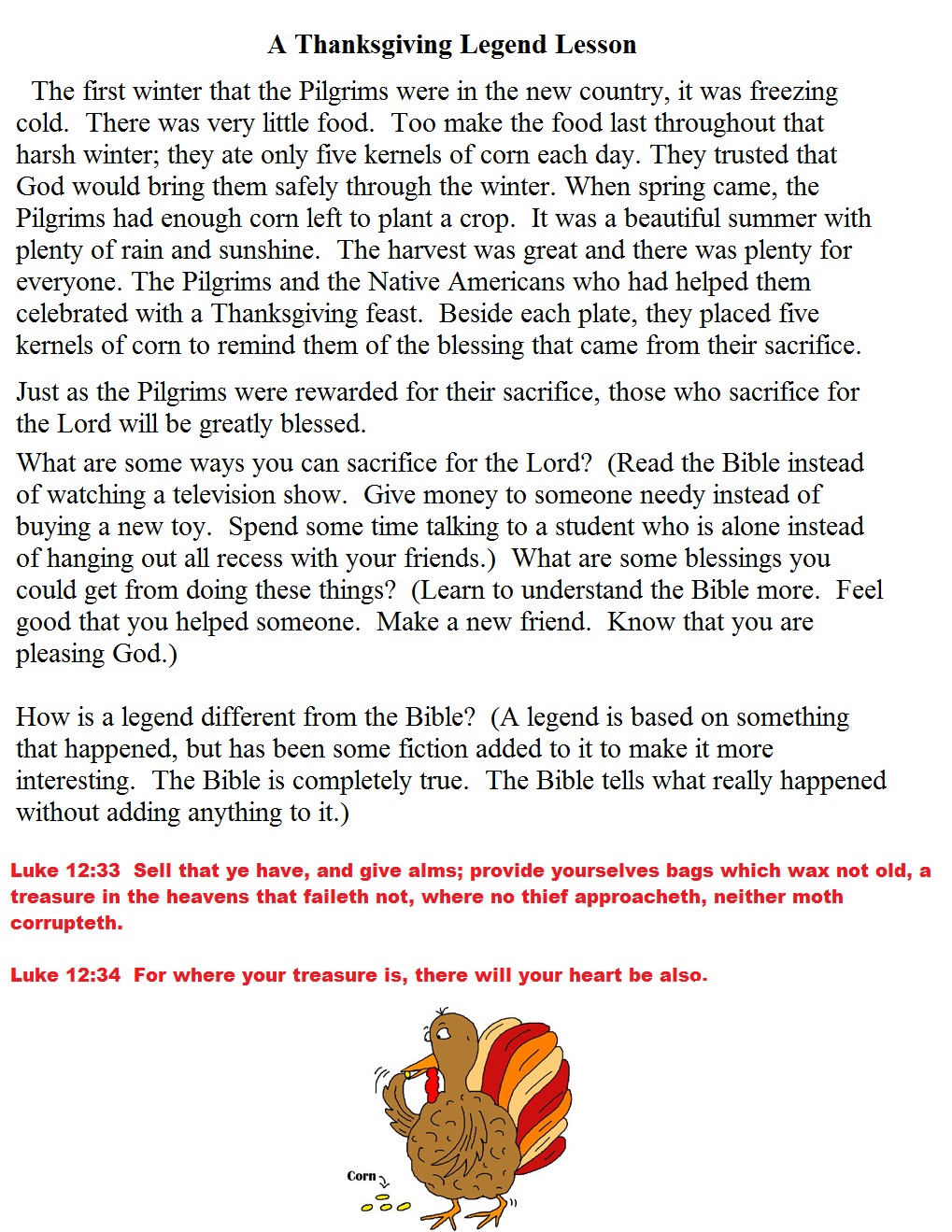 Thanksgiving Legend Sunday School Lesson